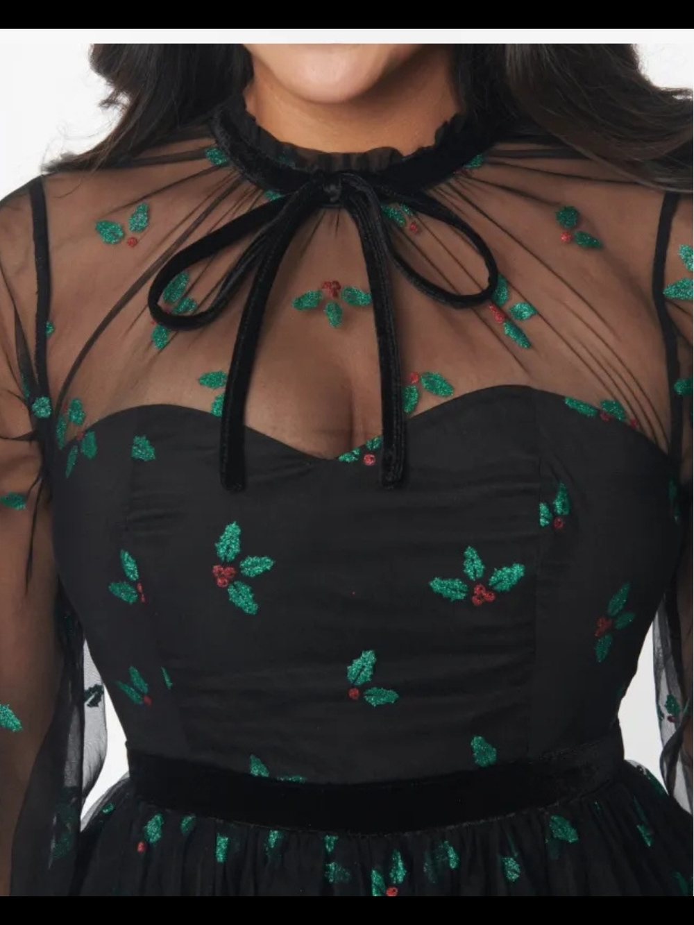 Like New 3X Unique Vintage Black & Glitter Mistletoe Flare Dress - Picture 13 of 16